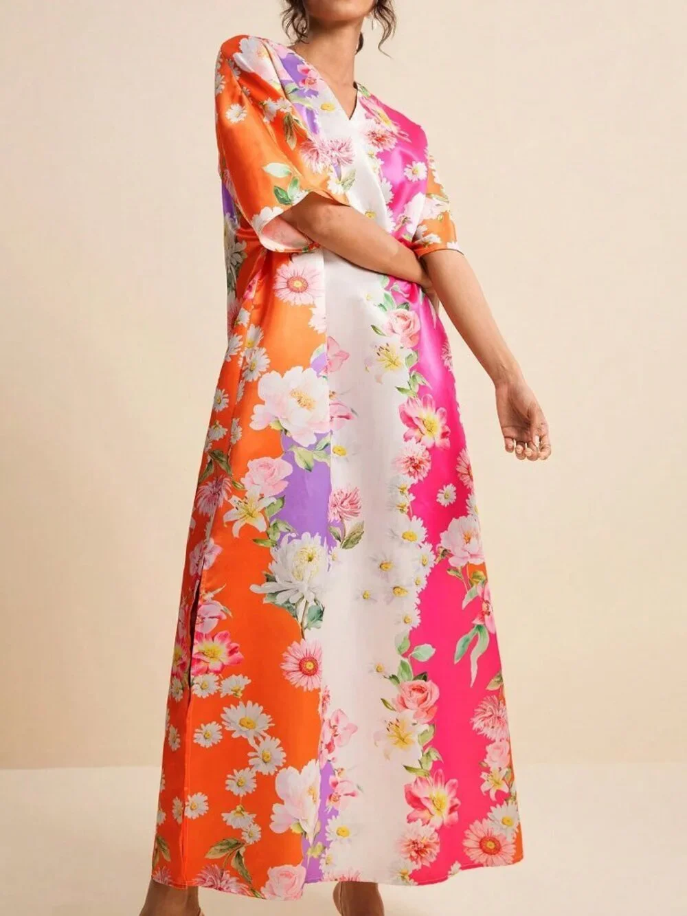 Multicolor Boho Tropical Floral Women's V-Neck Short Sleeve Printed Dress